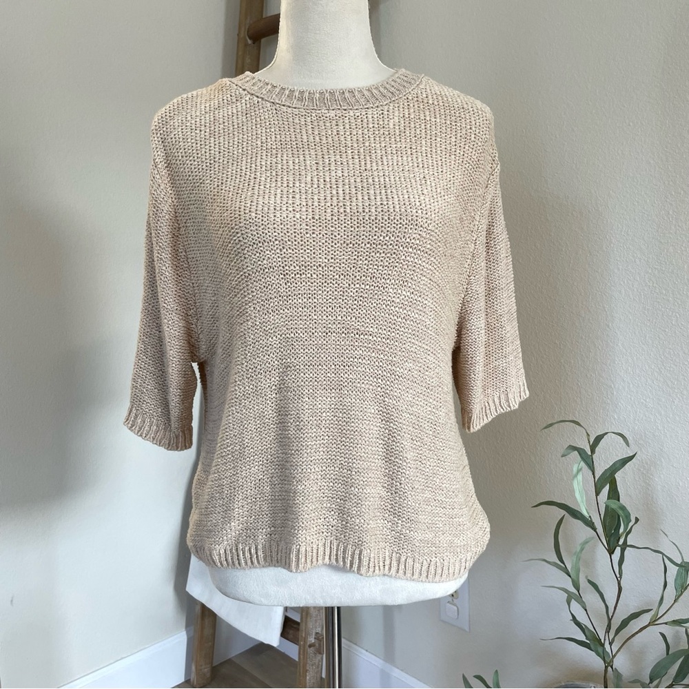 Mango MNG Knitted Short Sleeve Crew Neck Taupe Tan Sweater